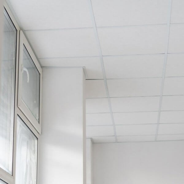 The white room features a grid-patterned drop ceiling with high-quality ceiling tiles, and large windows on the left side let in natural light.