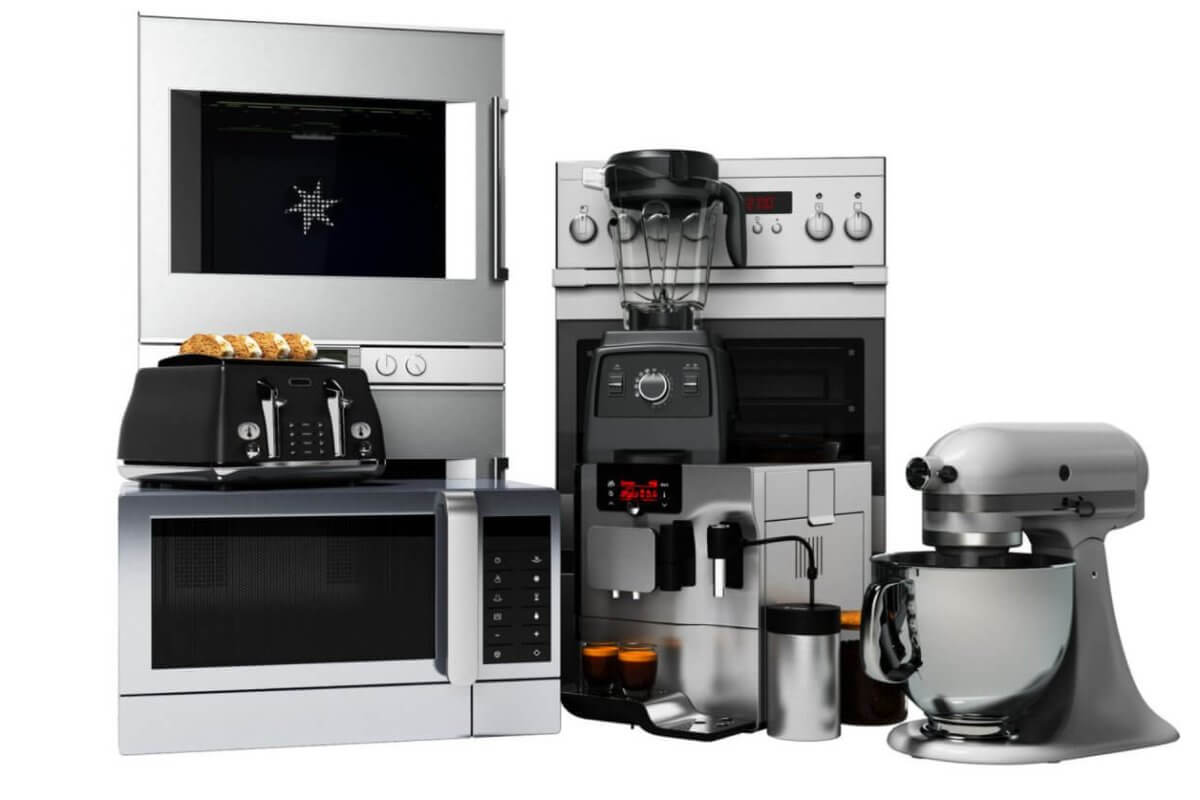 Discover a stylish collection of kitchen essentials, including a stainless steel toaster with toast, microwave, coffee maker with cups, blender, oven, and stand mixer. Perfectly arranged against a white background, these appliances are available at leading home appliance stores in Metro Manila.