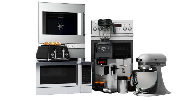 Discover a stylish collection of kitchen essentials, including a stainless steel toaster with toast, microwave, coffee maker with cups, blender, oven, and stand mixer. Perfectly arranged against a white background, these appliances are available at leading home appliance stores in Metro Manila.