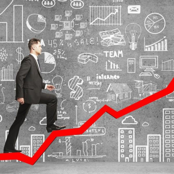 A man in a suit strides up a red arrow, surrounded by business doodles and city buildings, symbolizing the growth of Negosyo Centers in the Philippines.