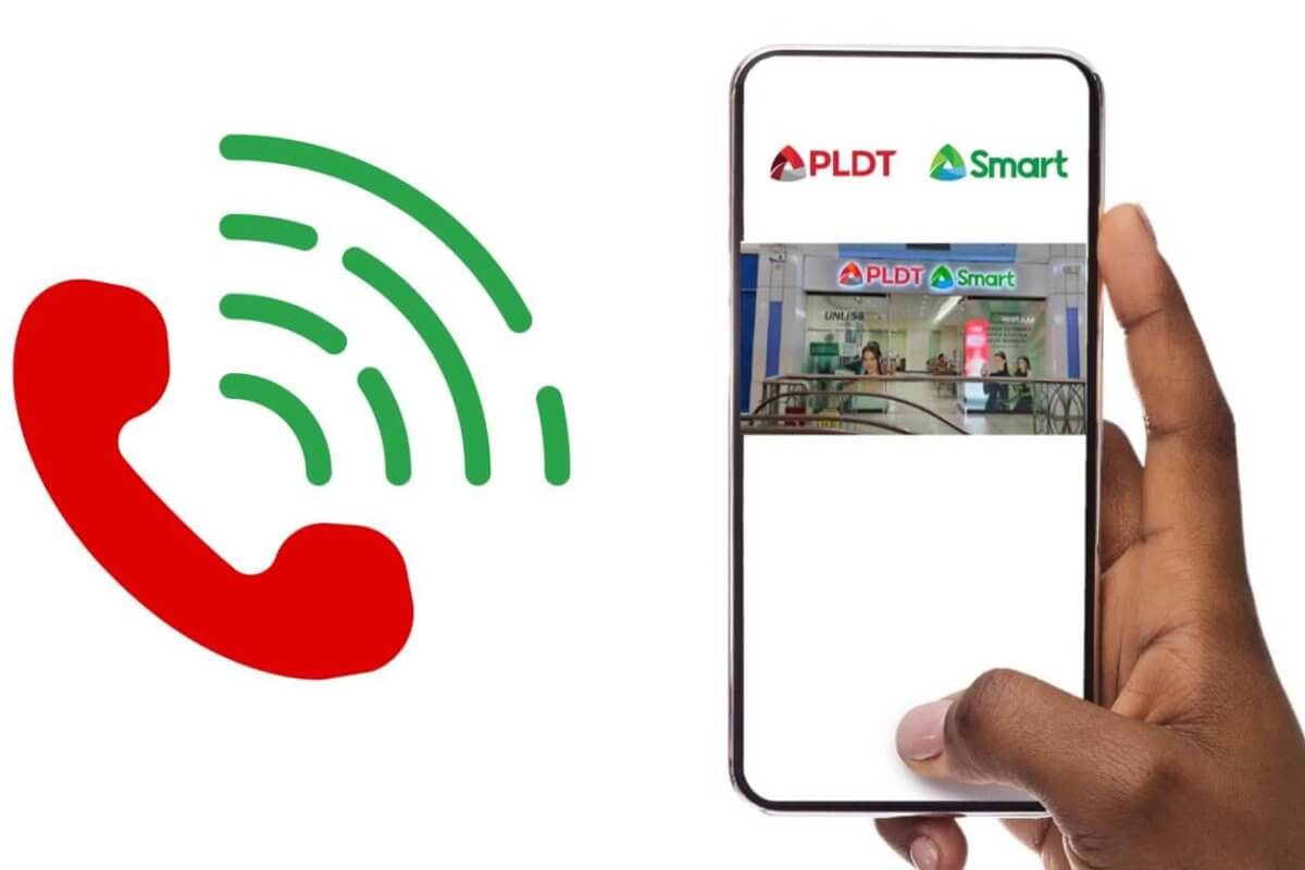 A hand holds a smartphone displaying an Experience Hub Center in Metro Manila, showcasing the PLDT SMART store interior with branding. To the left, a large red phone icon with green signal waves depicts communication. The white background emphasizes the phone and logo elements.