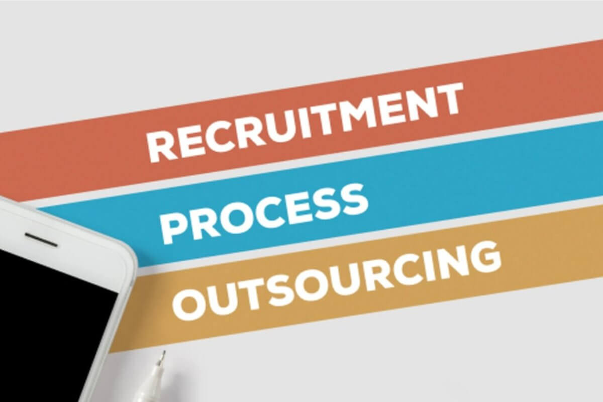 A smartphone and pen sit beside horizontal bars labeled Recruitment, Process, and Outsourcing on a white background, evoking the synergy of BPO operations in dynamic hubs like Bonifacio Global City.