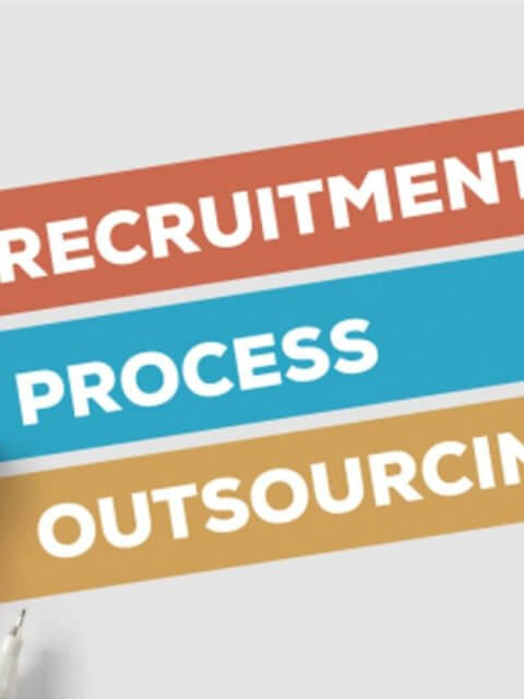 A smartphone and pen sit beside horizontal bars labeled Recruitment, Process, and Outsourcing on a white background, evoking the synergy of BPO operations in dynamic hubs like Bonifacio Global City.