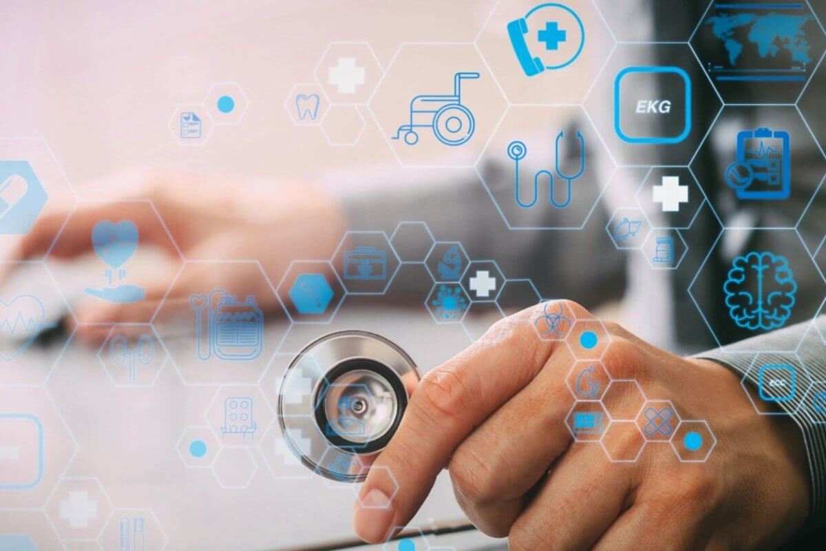Hands holding a stethoscope with medical icons and hexagons overlayed, symbolizing digital healthcare innovation in Metro Manila.