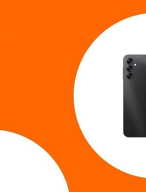 Samsung Galaxy with colorful screen on an orange background inside a white circle.