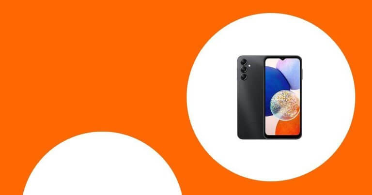 Samsung Galaxy with colorful screen on an orange background inside a white circle.