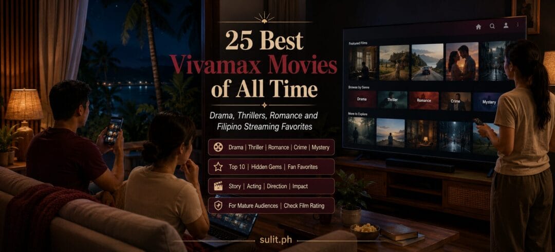 Couple watching the Vivamax streaming app on a TV at home, beside the title 25 Best Vivamax Movies of All Time with genre labels for drama, thriller, romance, crime and mystery