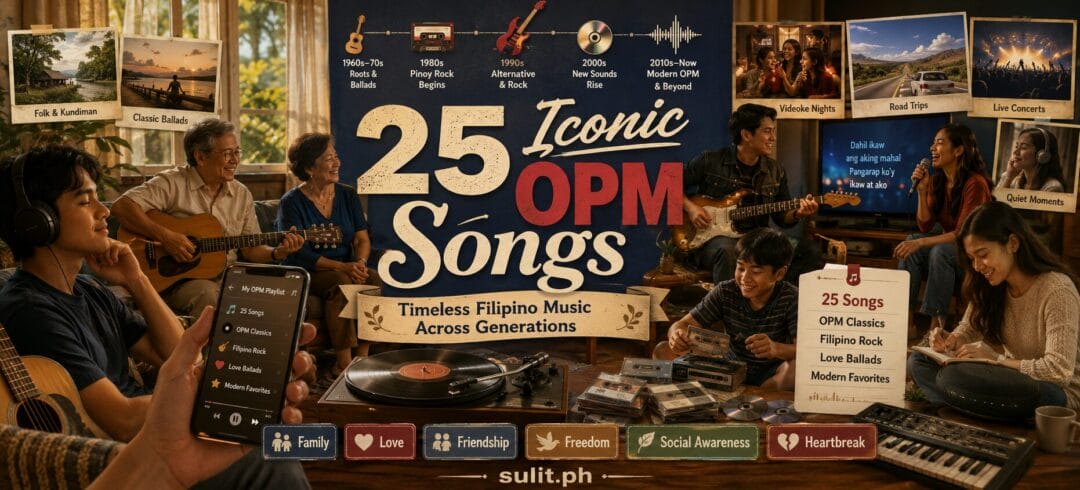 25 Iconic OPM Songs graphic showing a Filipino family playing guitar and singing together around a record player, with a timeline of OPM from 1960s kundiman through Pinoy rock to modern OPM