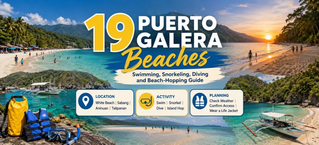 19 Puerto Galera Beaches: Complete Beach Guide 19 Puerto Galera Beaches guide graphic covering White Beach, Sabang, Aninuan and Talipanan, with snorkelling gear, an outrigger boat and a sunset shoreline
