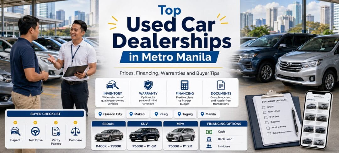 Filipino car buyer comparing pre-owned sedans, SUVs and MPVs at a generic used-car dealership in Metro Manila.