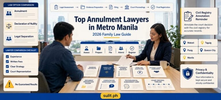 Top Annulment Lawyers in Metro Manila family law guide graphic comparing annulment, declaration of nullity and legal separation, with a lawyer consultation and the court process from assessment to registration