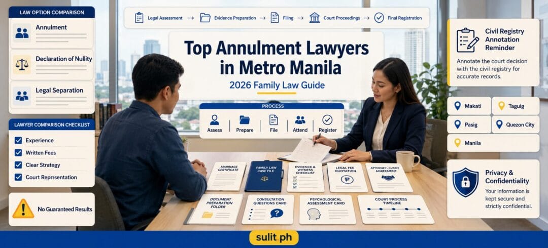 Top Annulment Lawyers in Metro Manila family law guide graphic comparing annulment, declaration of nullity and legal separation, with a lawyer consultation and the court process from assessment to registration