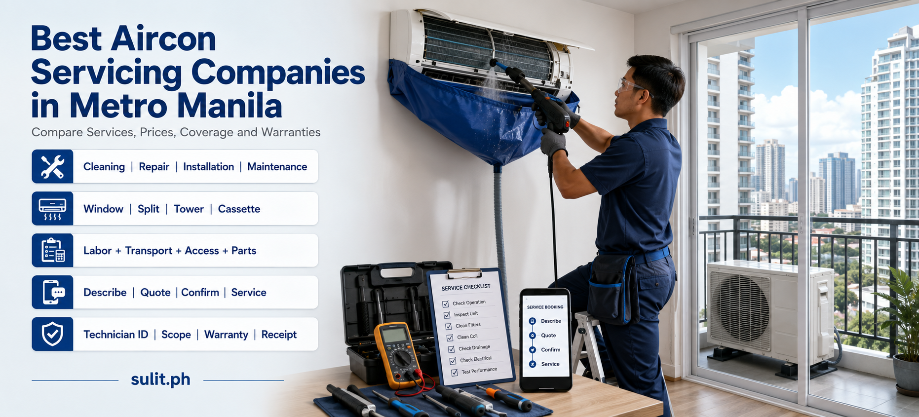 Best Aircon Servicing Companies in Metro Manila graphic with a technician cleaning a split-type wall unit, beside panels on cleaning, repair, installation and warranty checks