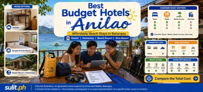Best Budget Hotels in Anilao graphic showing hostel, private room and beach resort options with travellers comparing a trip budget worksheet beside diving gear in Batangas