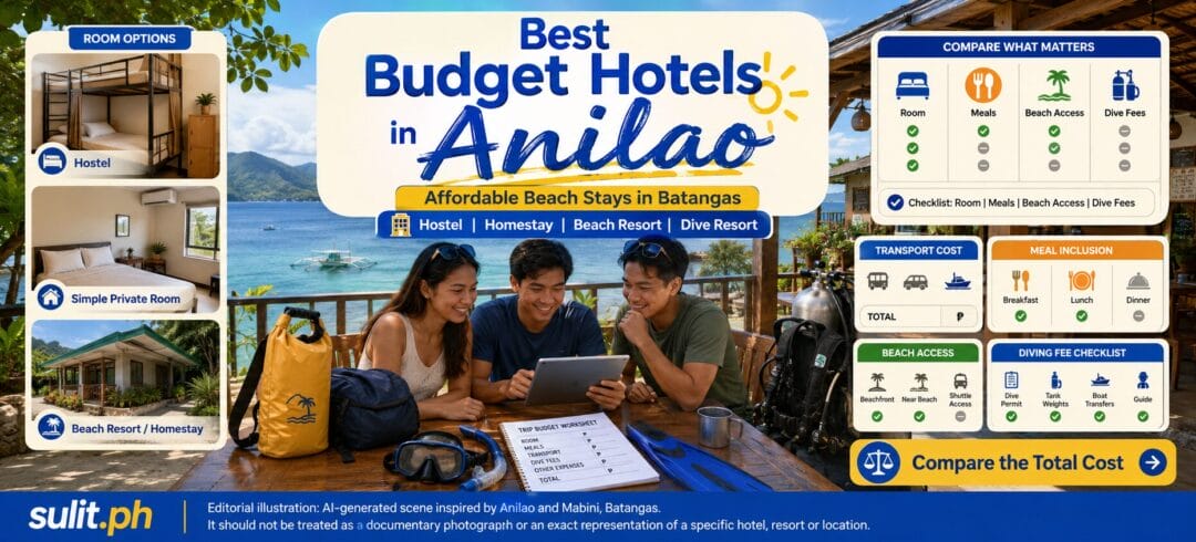 Best Budget Hotels in Anilao graphic showing hostel, private room and beach resort options with travellers comparing a trip budget worksheet beside diving gear in Batangas