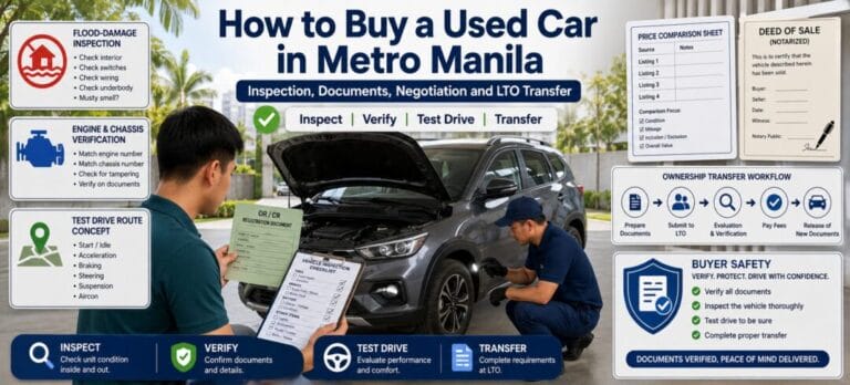How to Buy a Used Car in Metro Manila graphic showing a buyer with an inspection checklist and OR CR document beside a mechanic checking a car, covering flood-damage checks, test drive and LTO transfer