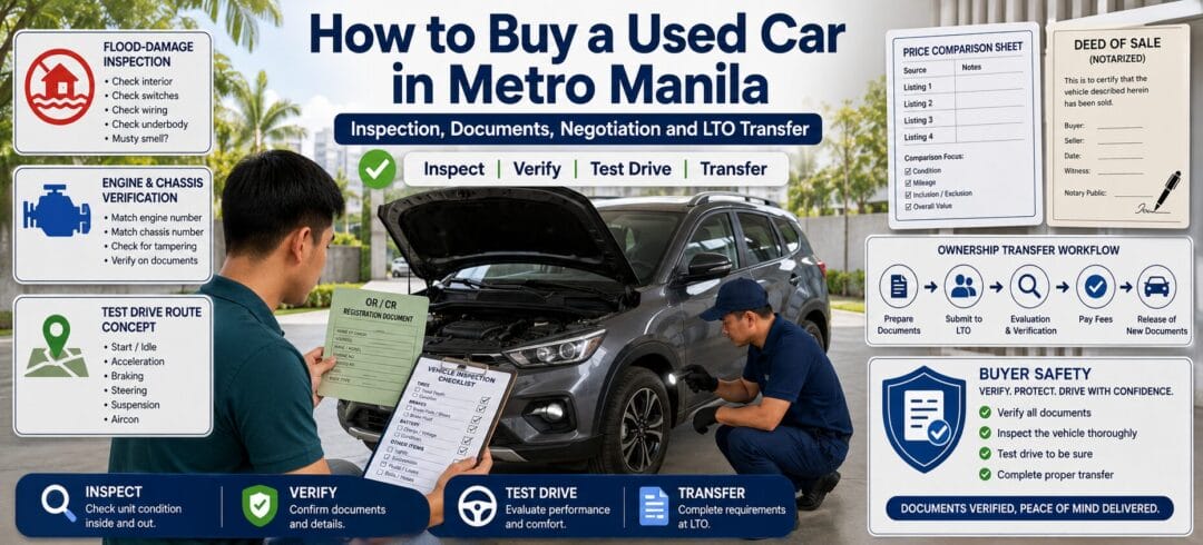 How to Buy a Used Car in Metro Manila graphic showing a buyer with an inspection checklist and OR CR document beside a mechanic checking a car, covering flood-damage checks, test drive and LTO transfer