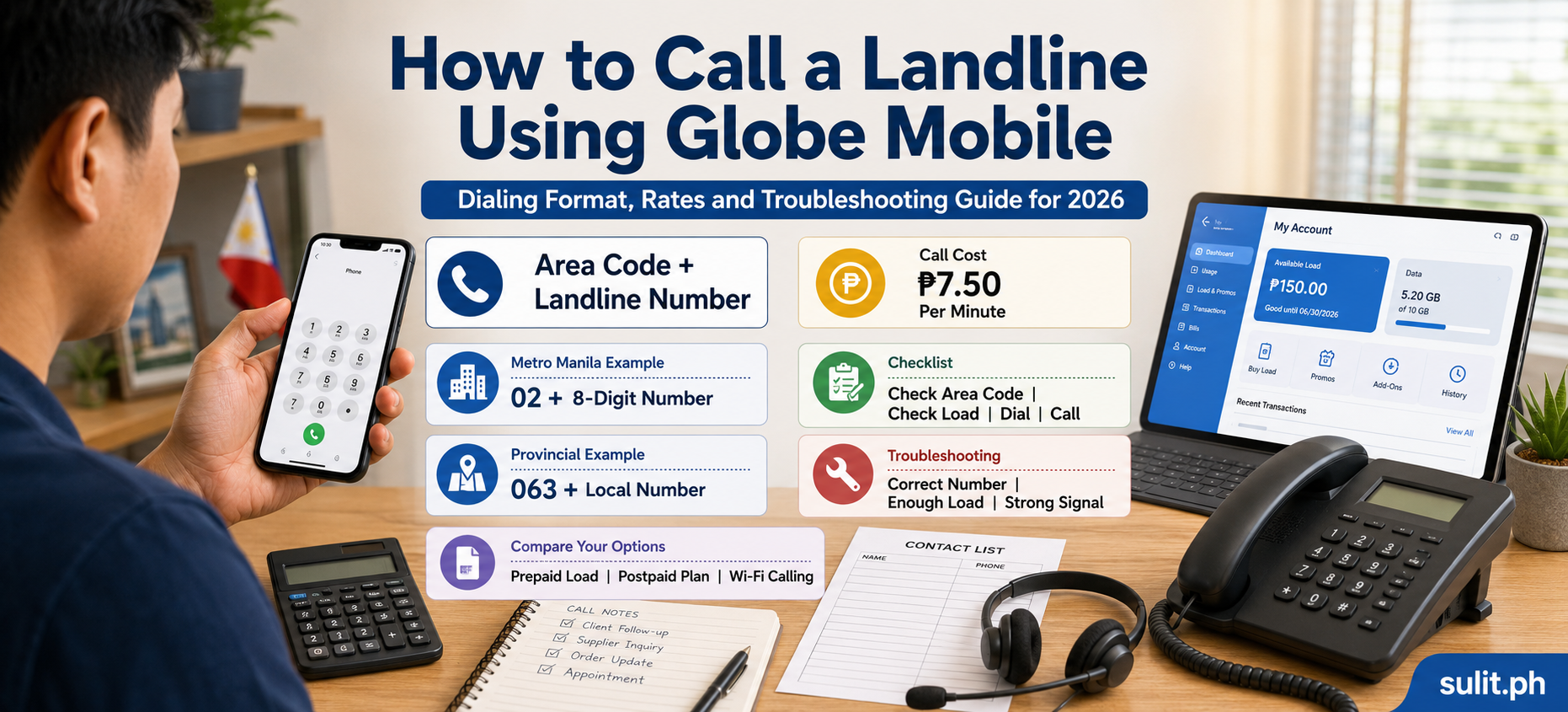 How to Call a Landline Using Globe Mobile graphic showing the area code plus landline number format, Metro Manila 02 and provincial 063 examples, and a 7.50 peso per minute call cost