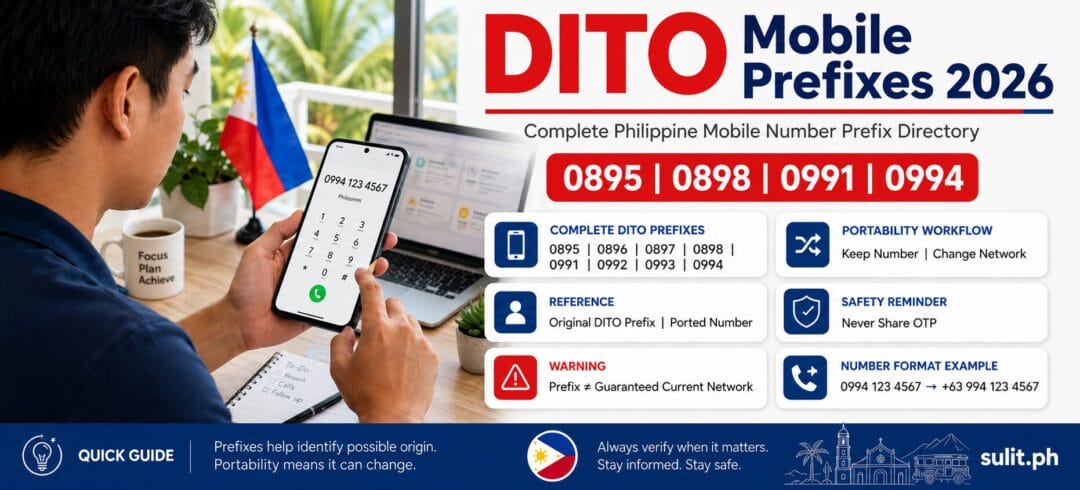 DITO Mobile Prefixes 2026 infographic listing Philippine mobile prefixes 0895, 0896, 0897, 0898, 0991, 0992, 0993 and 0994, with a man checking a number on his phone