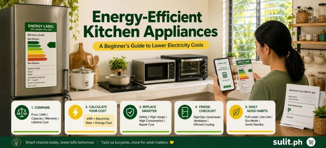 Energy-Efficient Kitchen Appliances beginner guide graphic showing a Philippine energy label beside a fridge, microwave and rice cooker, with steps to compare cost and replace smarter