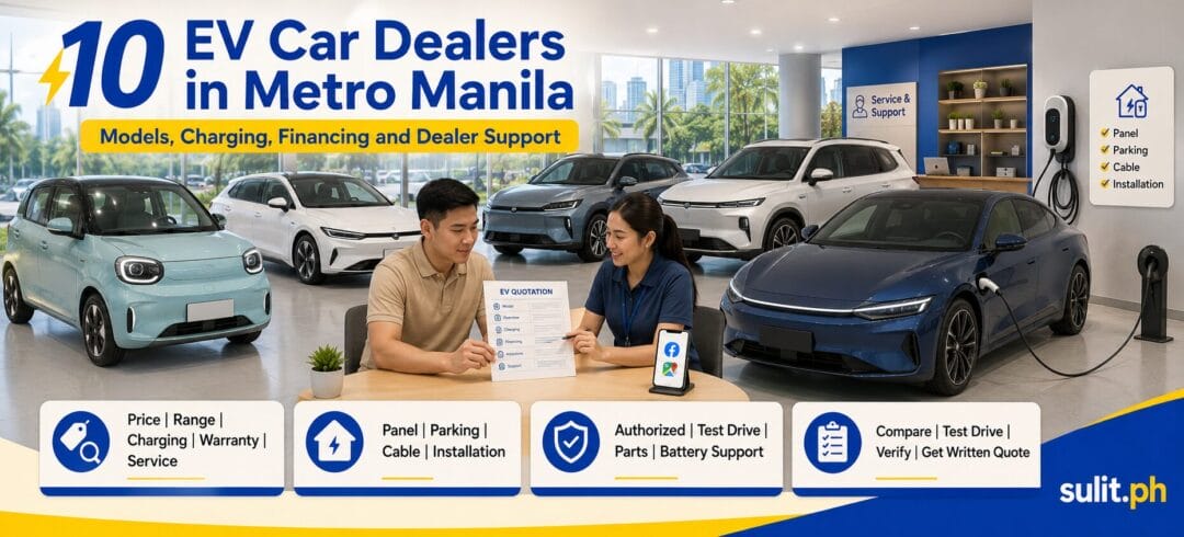 10 EV Car Dealers in Metro Manila graphic showing electric cars in a showroom with a buyer reviewing an EV quotation, plus panels on price, range, charging and home installation