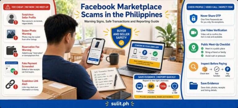 Facebook Marketplace Scams in the Philippines graphic showing warning signs such as suspicious seller profiles, stolen photos, reservation fees and fake payment screenshots, with a safe meet-up checklist