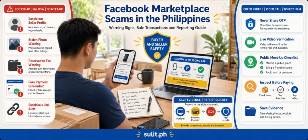 Facebook Marketplace Scams in the Philippines graphic showing warning signs such as suspicious seller profiles, stolen photos, reservation fees and fake payment screenshots, with a safe meet-up checklist