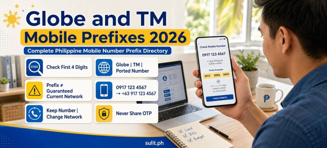 Globe and TM Mobile Prefixes 2026 directory graphic showing prefix examples 0917, 0955 and 0997 and a phone checking an 11-digit Philippine mobile number