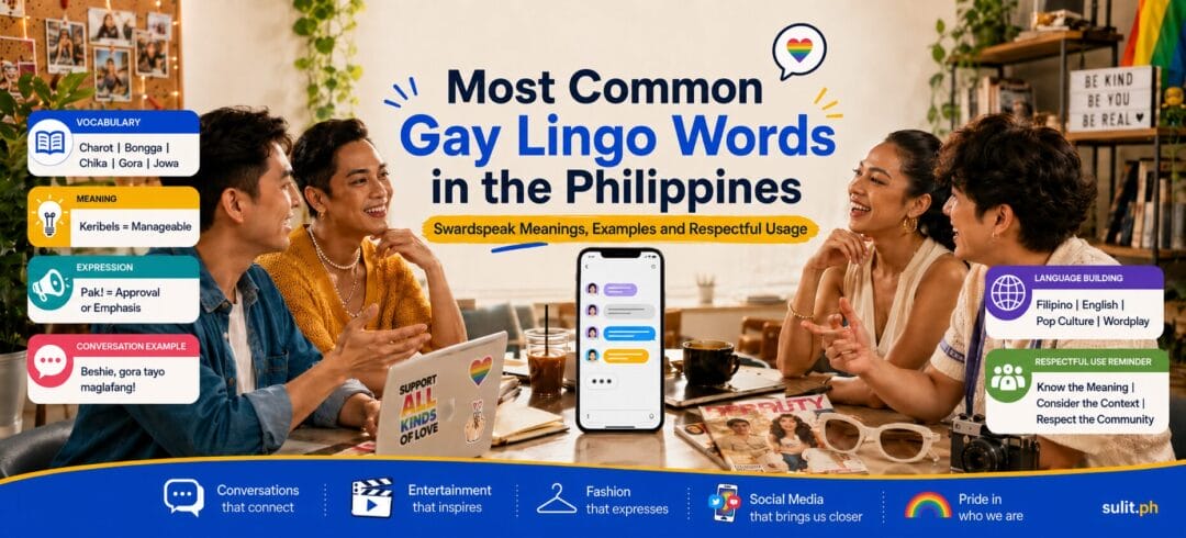 Most Common Gay Lingo Words in the Philippines graphic explaining swardspeak terms such as charot, bongga, chika and gora, with friends talking around a table