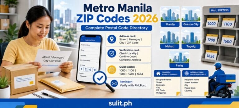 Metro Manila ZIP Codes 2026 postal code directory graphic showing an address form and quick codes 1000, 1100, 1200, 1600 and 1634 for Manila, Quezon City, Makati, Taguig and Pasig