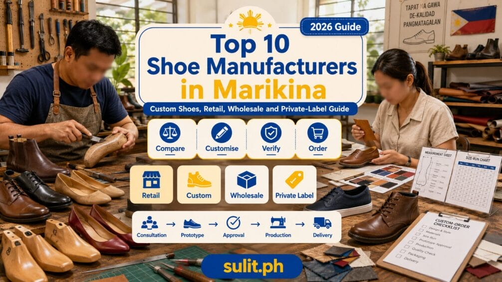 Top 10 Shoe Manufacturers in Marikina graphic showing artisans making leather shoes in a workshop, with retail, custom, wholesale and private-label options and a custom-order workflow