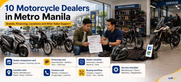 10 Motorcycle Dealers in Metro Manila graphic showing scooters and big bikes in a showroom with a buyer reviewing a quotation, plus dealer, financing and service checklists
