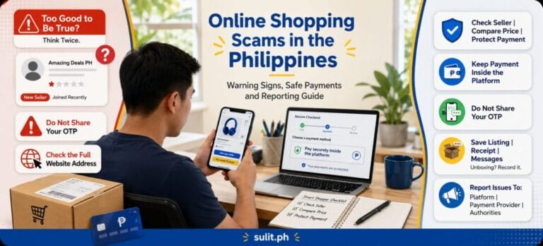Online Shopping Scams in the Philippines graphic showing a shopper checking a suspicious listing, with warning signs, safe payment steps and reporting channels