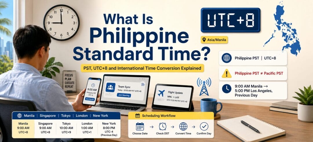 What Is Philippine Standard Time graphic showing UTC+8 for Asia/Manila, a conversion table for Singapore, Tokyo, London and New York, and a reminder that Philippine PST is not Pacific PST