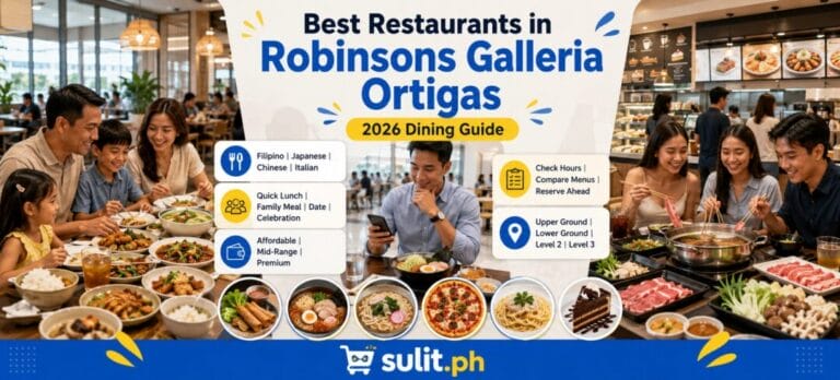 Best Restaurants in Robinsons Galleria Ortigas dining guide graphic showing families sharing Filipino, Japanese, Chinese and Italian dishes across the mall floors