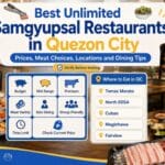 Best Unlimited Samgyupsal Restaurants in Quezon City: 2026 Guide Best Unlimited Samgyupsal Restaurants in Quezon City graphic showing friends grilling pork belly at a Korean barbecue table, with budget tiers and locations in Tomas Morato, North EDSA, Cubao, Maginhawa and Fairview