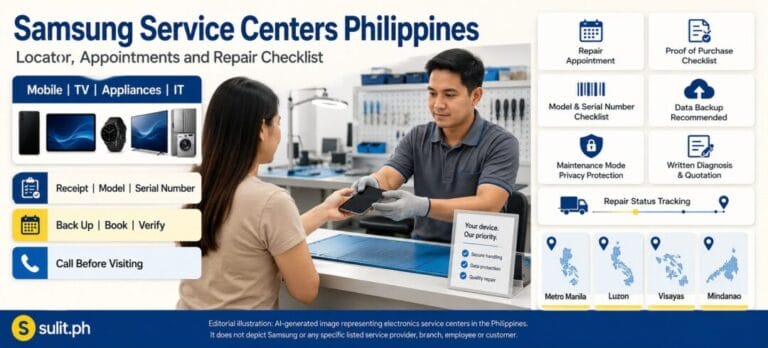 Samsung Service Centers Philippines graphic showing a customer handing a phone to a technician at a repair counter, with an appointment and repair checklist and coverage across Metro Manila, Luzon, Visayas and Mindanao