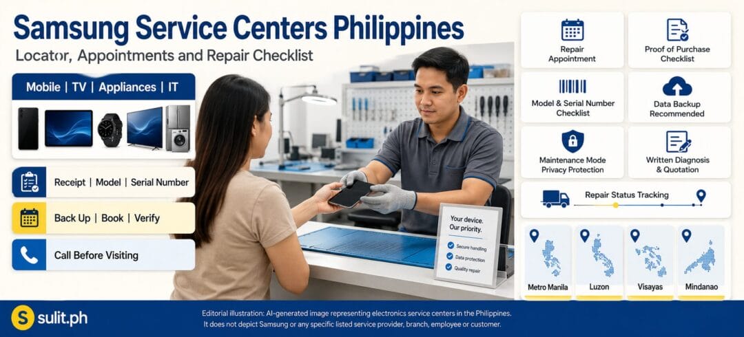 Samsung Service Centers Philippines graphic showing a customer handing a phone to a technician at a repair counter, with an appointment and repair checklist and coverage across Metro Manila, Luzon, Visayas and Mindanao