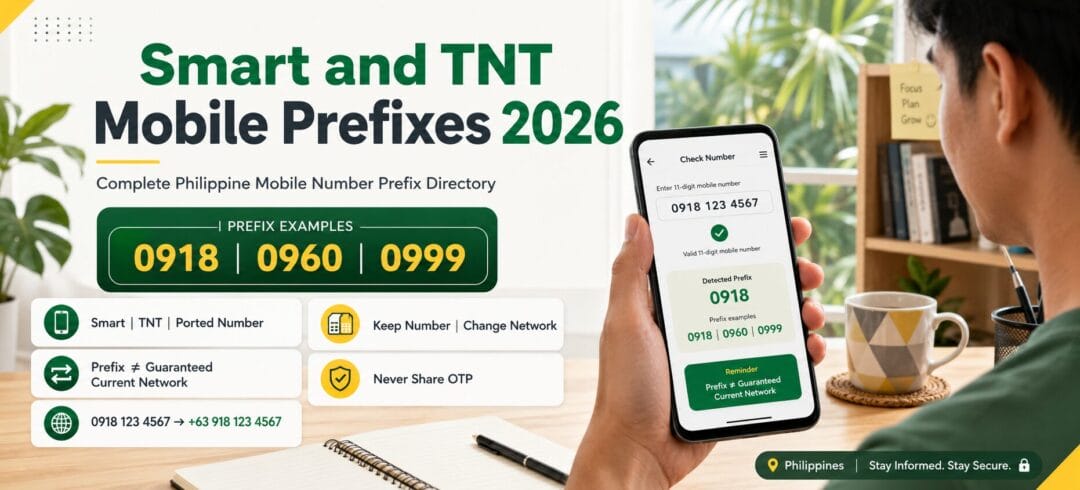 Smart and TNT Mobile Prefixes 2026 directory graphic showing prefix examples 0918, 0960 and 0999 and a phone checking an 11-digit Philippine mobile number