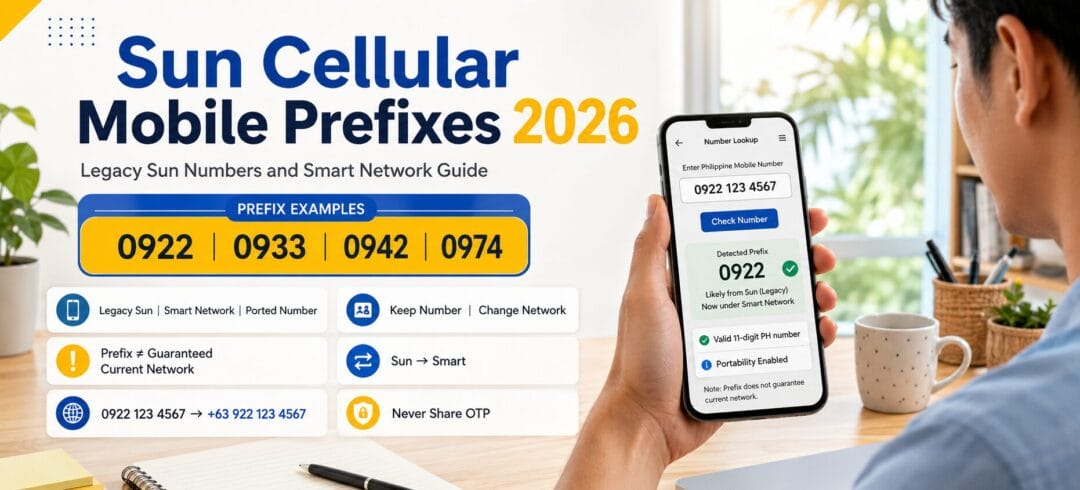 Sun Cellular Mobile Prefixes 2026 graphic showing legacy prefixes 0922, 0933, 0942 and 0974 now under the Smart network, with a phone number lookup