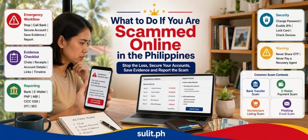 What to Do If You Are Scammed Online in the Philippines graphic showing a woman reviewing a suspicious payment alert, with an emergency workflow, evidence checklist and reporting channels