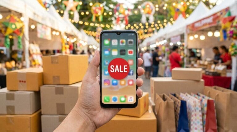 Smartphone displaying online shopping sale icons with shopping bags and delivery boxes, representing Shopee, Lazada, and TikTok Shop sale events