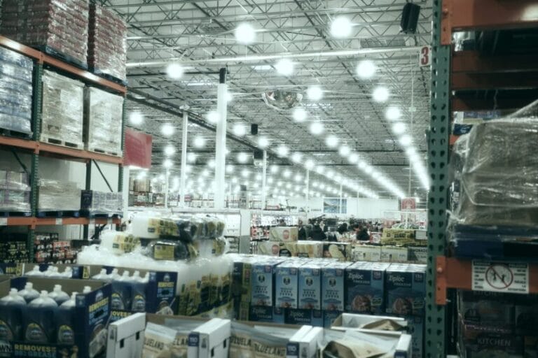 Wide aisle inside a bulk warehouse club store, the type of shopping format used by S&R and Landers membership stores in the Philippines
