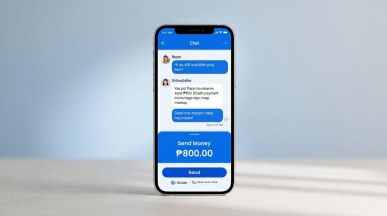 Smartphone chat mockup showing a common online marketplace scam in the Philippines: a seller asking a buyer to send a GCash reservation payment before meeting up, the exact scenario GCash's GInsure Scam Protection is designed to cover