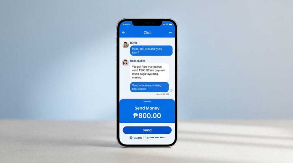 Smartphone chat mockup showing a common online marketplace scam in the Philippines: a seller asking a buyer to send a GCash reservation payment before meeting up, the exact scenario GCash's GInsure Scam Protection is designed to cover